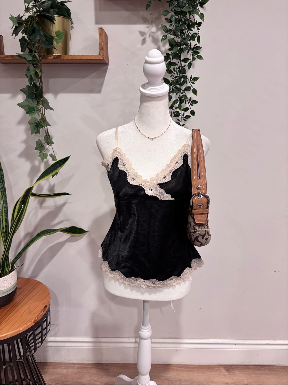 & Other Stories Black Satin Camisole with Cream Lace Trim